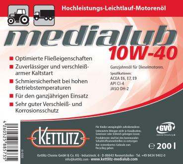 KETTLITZ-Medialub 10W-40 Hochleistungs-Leichtlauf Motorenöl API CI-4; ACEA, E6, E7, E9 - 208 Liter Fass